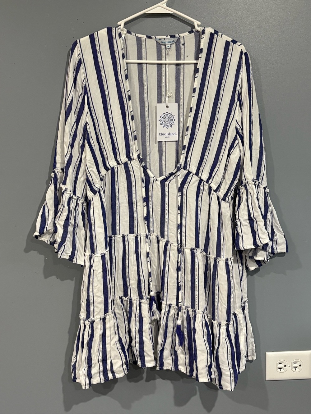 Blue Island Striped Beach Dress Cover-Up White Navy Blue Knit Bell Sleeve Front